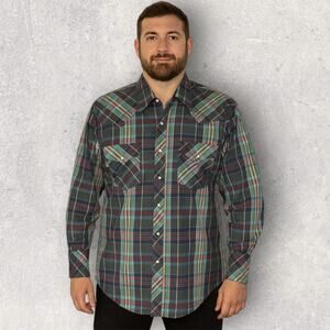 Ely Cattleman Western Shirt Mens Large Tall Plaid Pearl Snap Cowboy Rodeo